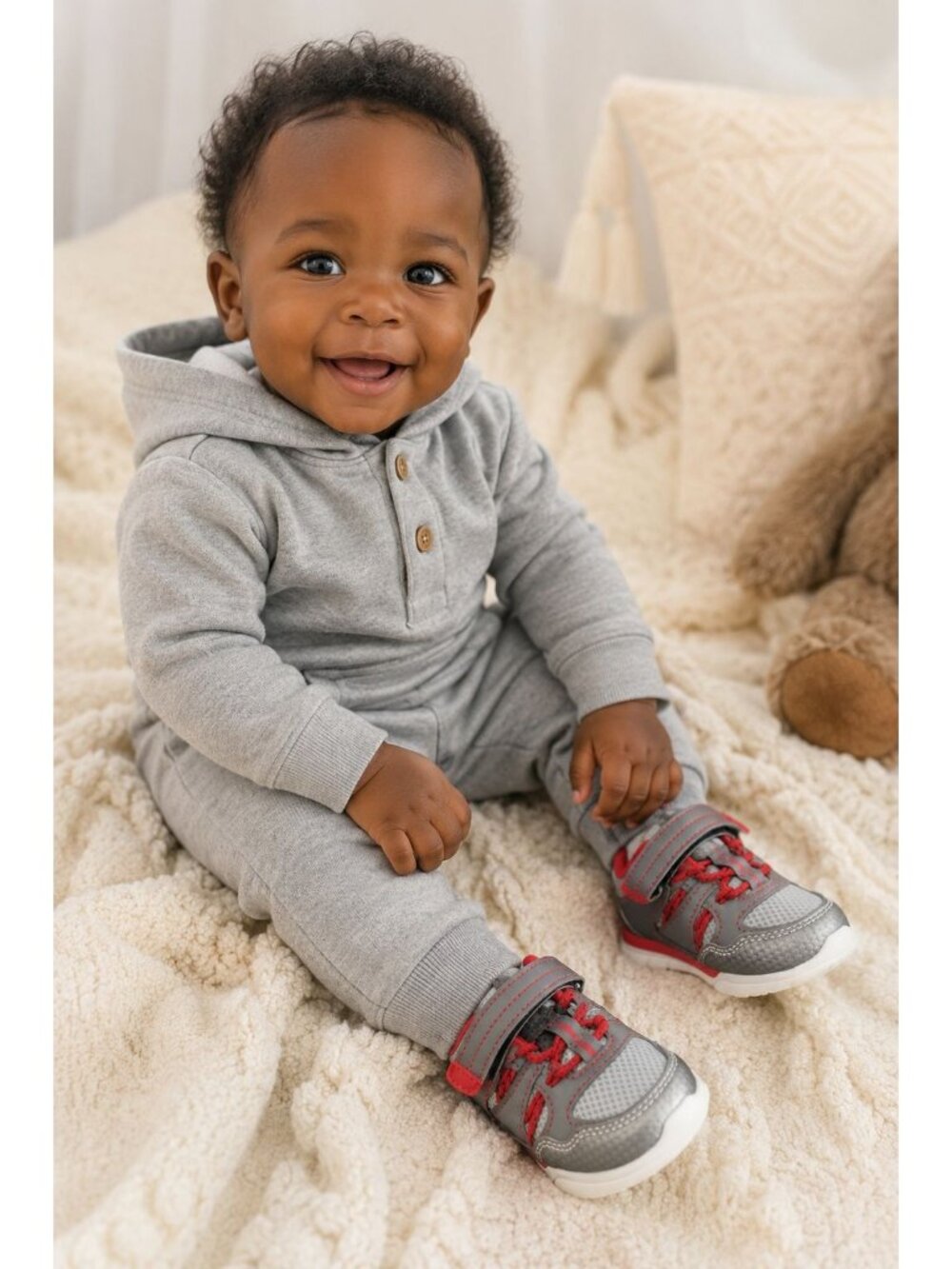 Athletic Works Infant Boys Size 3 Shoes Athletic Dual-Fit Memory Foam Gray Red - Picture 7 of 7